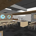 Modern Restaurant Interior With Wooden Ceiling Open Space Dining Tables And Natural Light 3d model