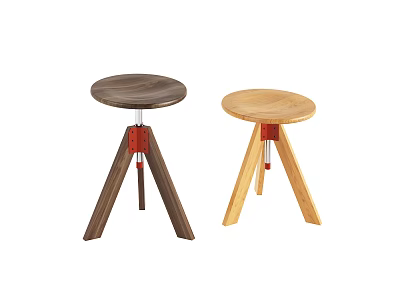 Wooden Bar Stools With Dark And Light Wood Three Legs Adjustable Red Metal Parts 3d model
