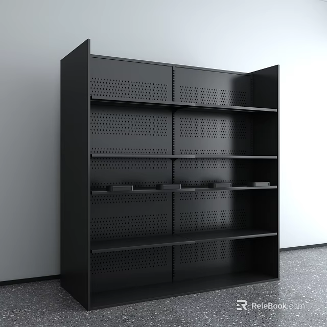 Black Modern Display Shelving Unit With Perforated Panels And Multiple Storage Shelves 3d model 