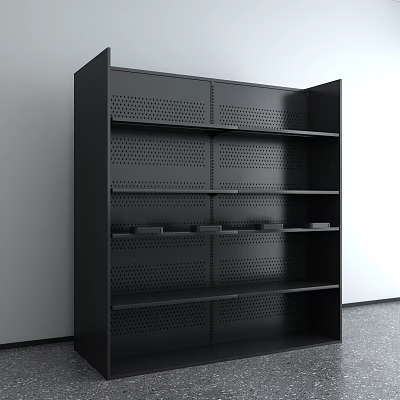 Black Modern Display Shelving Unit With Perforated Panels And Multiple Storage Shelves 3d model