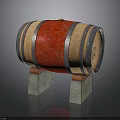 Wooden Wine Barrel with Red Fabric and Metal Hoops on Stone Stands
