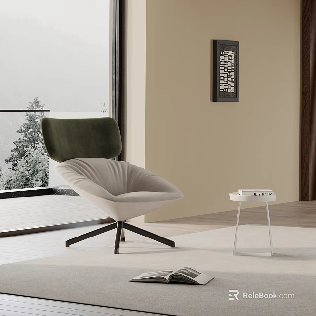 Modern Upholstered Dining Chair With Green Velvet Backrest Beige Seat Black Crossed Legs In Bright Living Space 3d model 