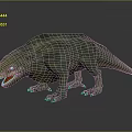 Realistic Green Dinosaur Model with Open Mouth and Sharp Teeth Standing on Shiny Surface