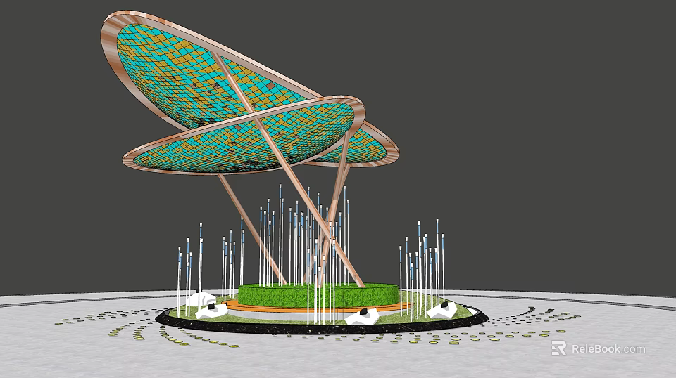 Contemporary Curved Pergola With Mosaic Grid Top Slender Metal Pillars White Spheres On Green Lawn 3d model 