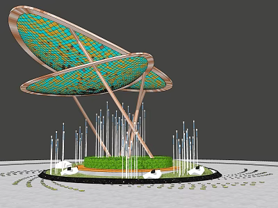 Contemporary Curved Pergola With Mosaic Grid Top Slender Metal Pillars White Spheres On Green Lawn 3d model