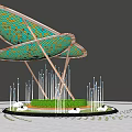 Contemporary Curved Pergola With Mosaic Grid Top Slender Metal Pillars White Spheres On Green Lawn