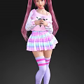 Woman with long pink hair and pigtails in pink top and colorful plaid skirt