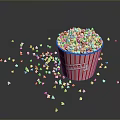 Fresh Popcorn in Red Striped Paper Cup with Scattered Pieces on Dark Background