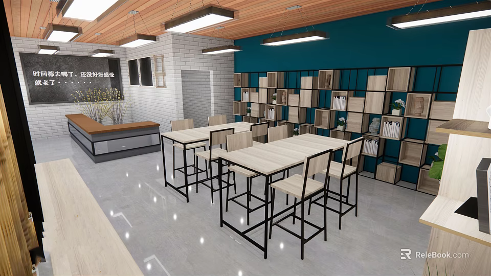 Modern Cafe Interior With Open Space Wooden Ceiling Blue Walls Tables Chairs And Bookshelves 3d model 