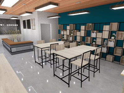 Modern Cafe Interior With Open Space Wooden Ceiling Blue Walls Tables Chairs And Bookshelves 3d model