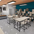 Modern Cafe Interior With Open Space Wooden Ceiling Blue Walls Tables Chairs And Bookshelves
