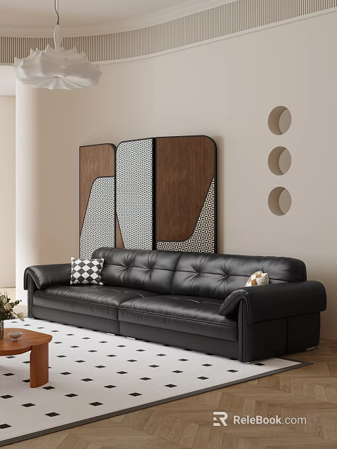 Stylish Black Leather Two Seater Sofa With Cushions And Geometric Wall Art 3d model 