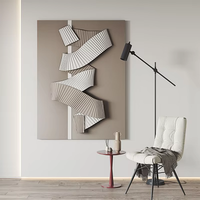 Modern Interior With Abstract Art Decor Floor Lamp And White Chair 3d model