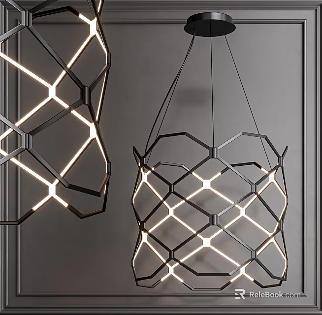 Modern Geometric Hanging Chandelier With Black Frame And Illuminated Lines For Interior Lighting 3d model 