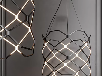 Modern Geometric Hanging Chandelier With Black Frame And Illuminated Lines For Interior Lighting 3d model