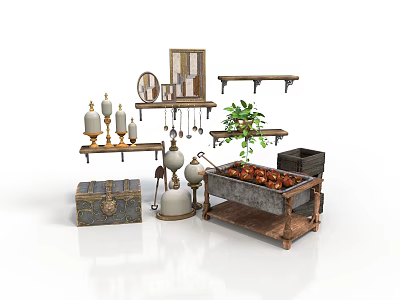 Vintage Building Interior With Wooden Shelves Candlesticks Potted Plant And Decorative Accents 3d model