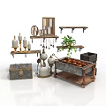 Vintage Building Interior With Wooden Shelves Candlesticks Potted Plant And Decorative Accents