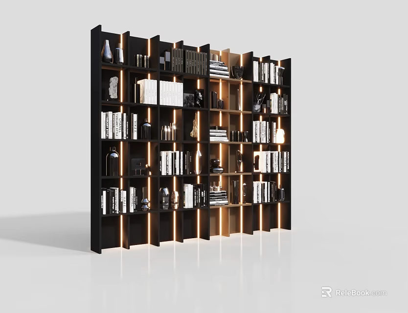 Modern Black And Wooden Bookcase With Open Compartments Books And Decor Items In Modern Interior 3d model 