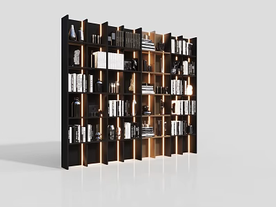 Modern Black And Wooden Bookcase With Open Compartments Books And Decor Items In Modern Interior 3d model