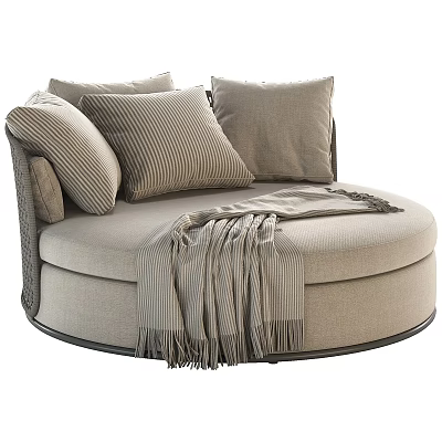 Round Single Sofa With Neutral Toned Fabric Striped Pillows And Fringed Throw Blanket 3d model
