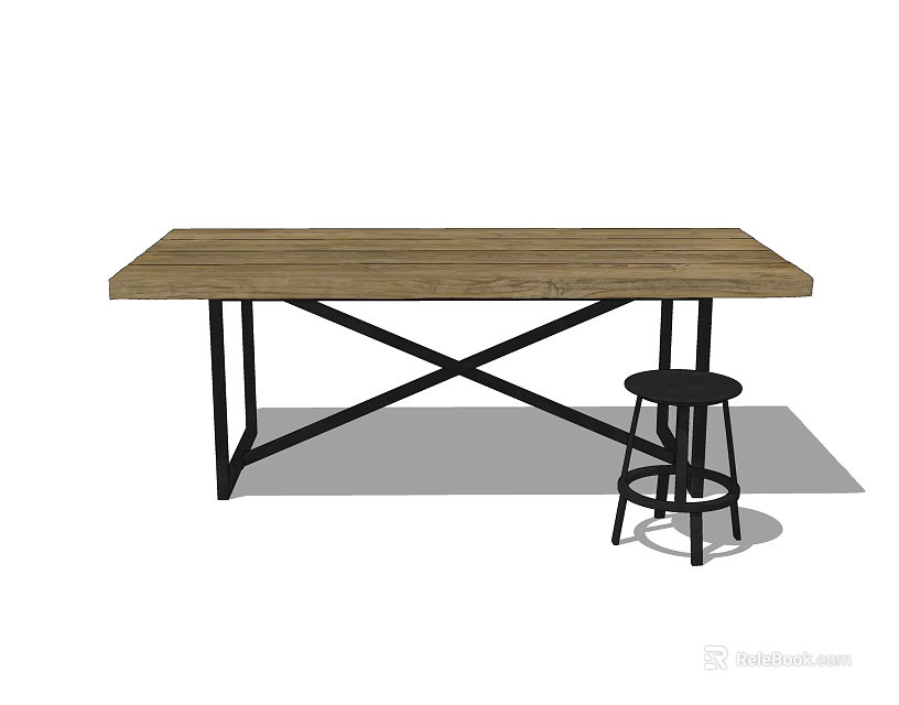 Dining Table Set With Wooden Tabletop And Black Cross Metal Legs And Stool 3d model 