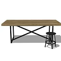 Dining Table Set With Wooden Tabletop And Black Cross Metal Legs And Stool