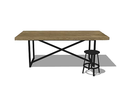 Dining Table Set With Wooden Tabletop And Black Cross Metal Legs And Stool 3d model