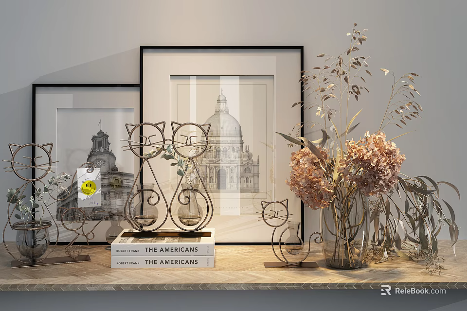 Modern Decorative Ornament Set With Metal Cat Figurines Framed Prints And Dried Flowers In Vase 3d model 