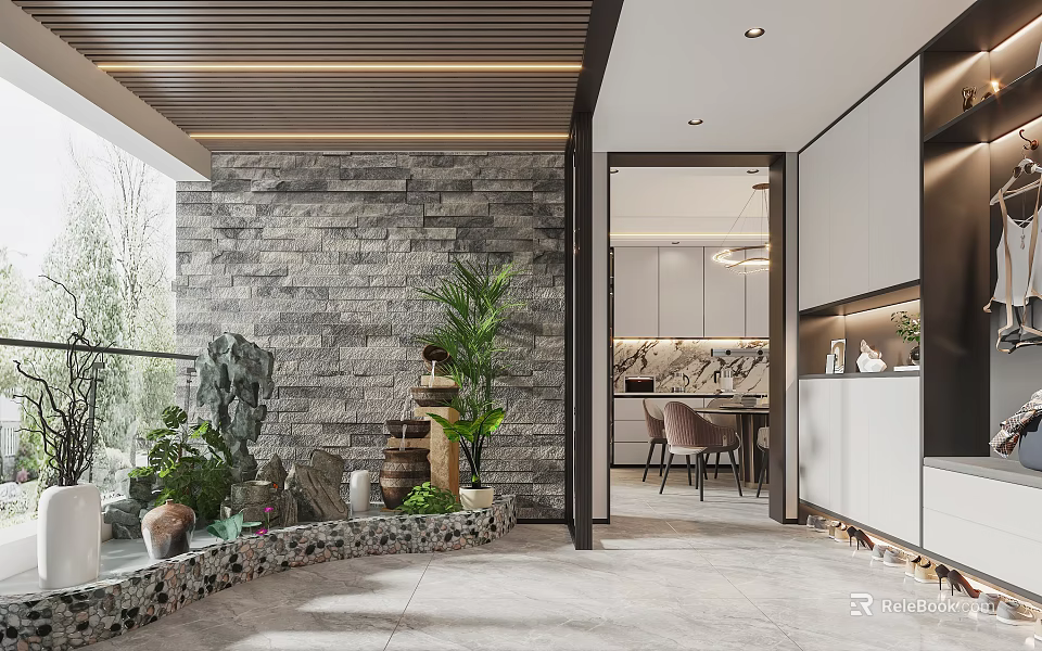 Modern Foyer Passage With Natural Elements And Stone Wall 3d model 