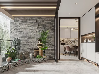Modern Foyer Passage With Natural Elements And Stone Wall 3d model