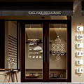 Modern Café Interior With Glass Doors Wooden Accents Menu Icons And Warm Lighting