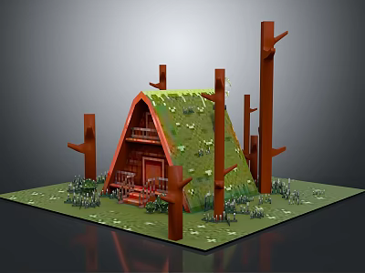 Wooden House with Green Mossy Roof Surrounded by Tree Trunks and Small Front Steps 3d model