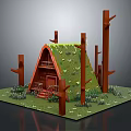 Wooden House with Green Mossy Roof Surrounded by Tree Trunks and Small Front Steps