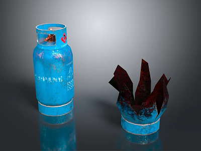 Blue Gas Cylinder With Red Flame Decoration Model On Reflective Surface 3d model