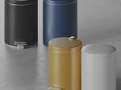 Cylindrical Pedal Trash Cans In Black Blue Gold And White Colors 3d model