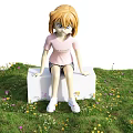 Doll Sitting on White Cube in Pink T-shirt With World Adventure Text Blue Sky Clouds