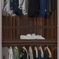 Wooden Wardrobe Interior With Hanging Shirts Jackets Pants And Organized Shelves
