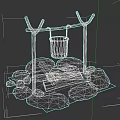 Wooden Stand With Hanging Bucket And Burning Wood Surrounded By Stones
