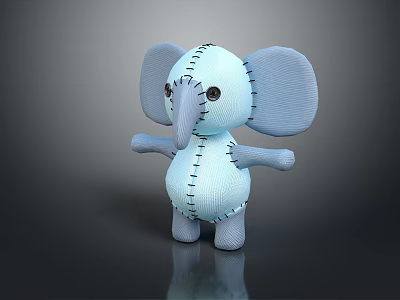 Blue Elephant Stuffed Toy With Stitched Details And Large Ears Standing Pose 3d model