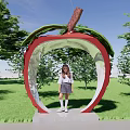 Scenic Garden Landscape With Apple Shaped Arch Red Frame Green Leaves And Girl In Grass