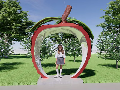 Scenic Garden Landscape With Apple Shaped Arch Red Frame Green Leaves And Girl In Grass 3d model