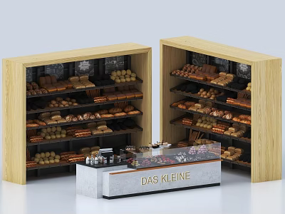 Wooden Bakery Display Shelves Filled With Various Bread And Front Counter 3d model