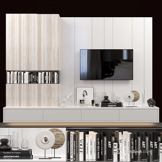 Modern TV Background Wall With White Panel Design Wooden Shelves And Black TV 3d model 