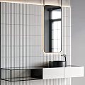 Modern Black Washbasin With Rectangular Mirror Vertical Tile Wall And Floating Vanity Cabinet 3d model
