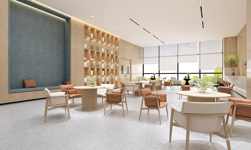 Modern Lounge Area With Chairs Tables Bookshelves And Large Windows 3d model 