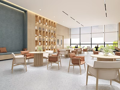 Modern Lounge Area With Chairs Tables Bookshelves And Large Windows 3d model