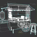 Traditional Japanese Food Cart With Wooden Structure Hanging Lantern And Blue Stool