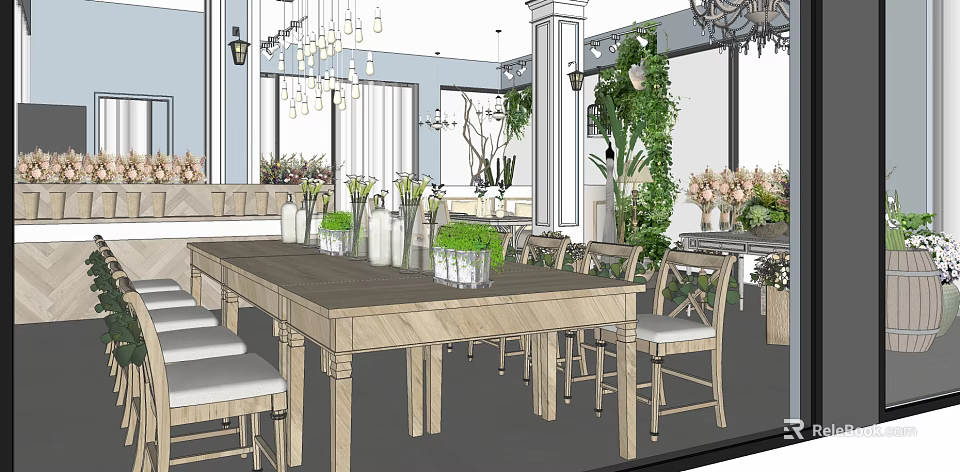 Modern Milk Tea Shop Interior With Wooden Tables Green Plants And Chandeliers 3d model 