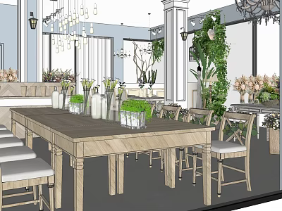 Modern Milk Tea Shop Interior With Wooden Tables Green Plants And Chandeliers 3d model