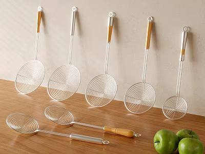 Stainless Steel Skimmers With Wooden Handles Hanging On Wall And On Countertop With Green Apples 3d model